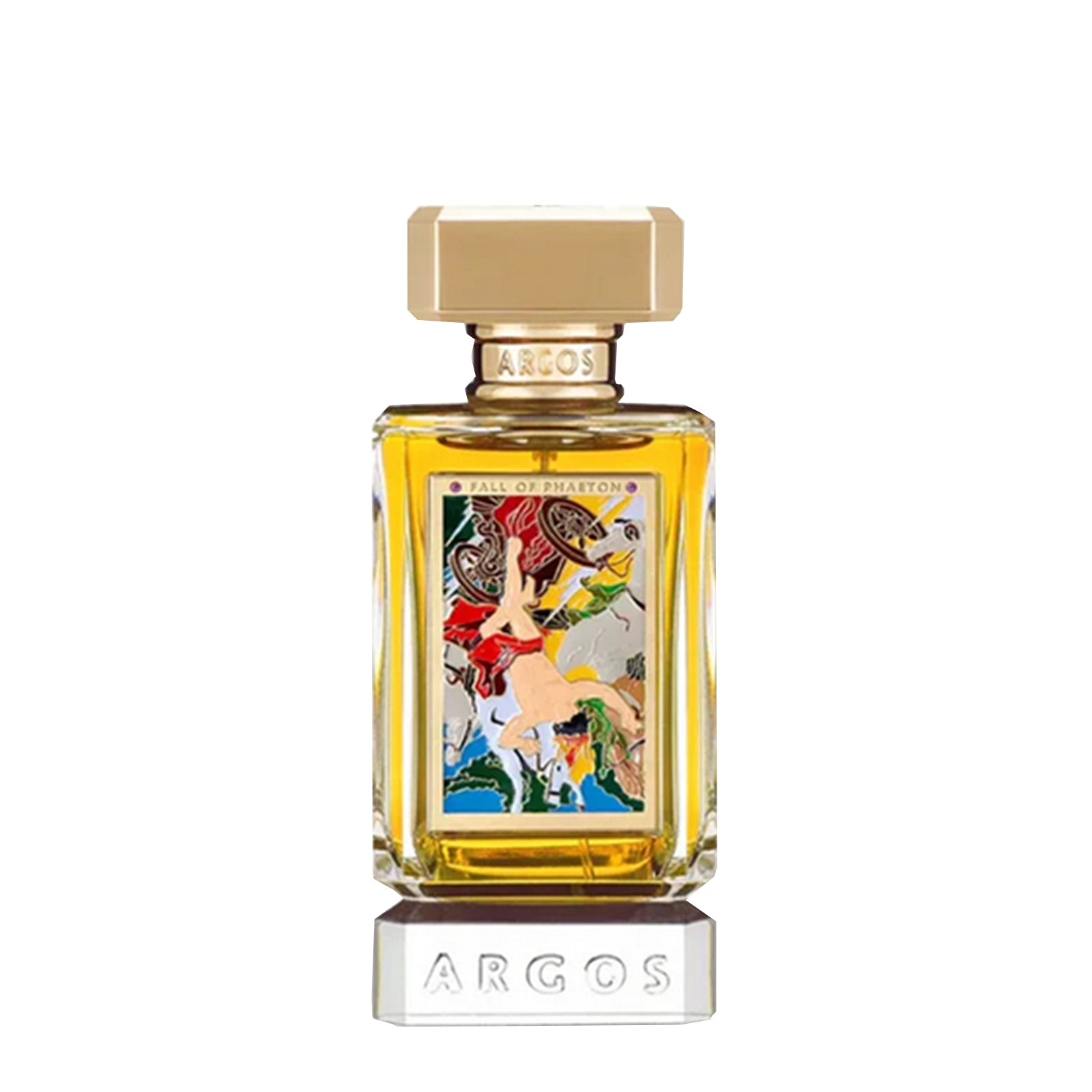Argos Fall of Phaeton – Frontansicht des kunstvoll gestalteten Originalflakons mit goldenen Akzenten, ein intensiver Unisexduft mit Oud, Gewürzen und warmer Holzfülle