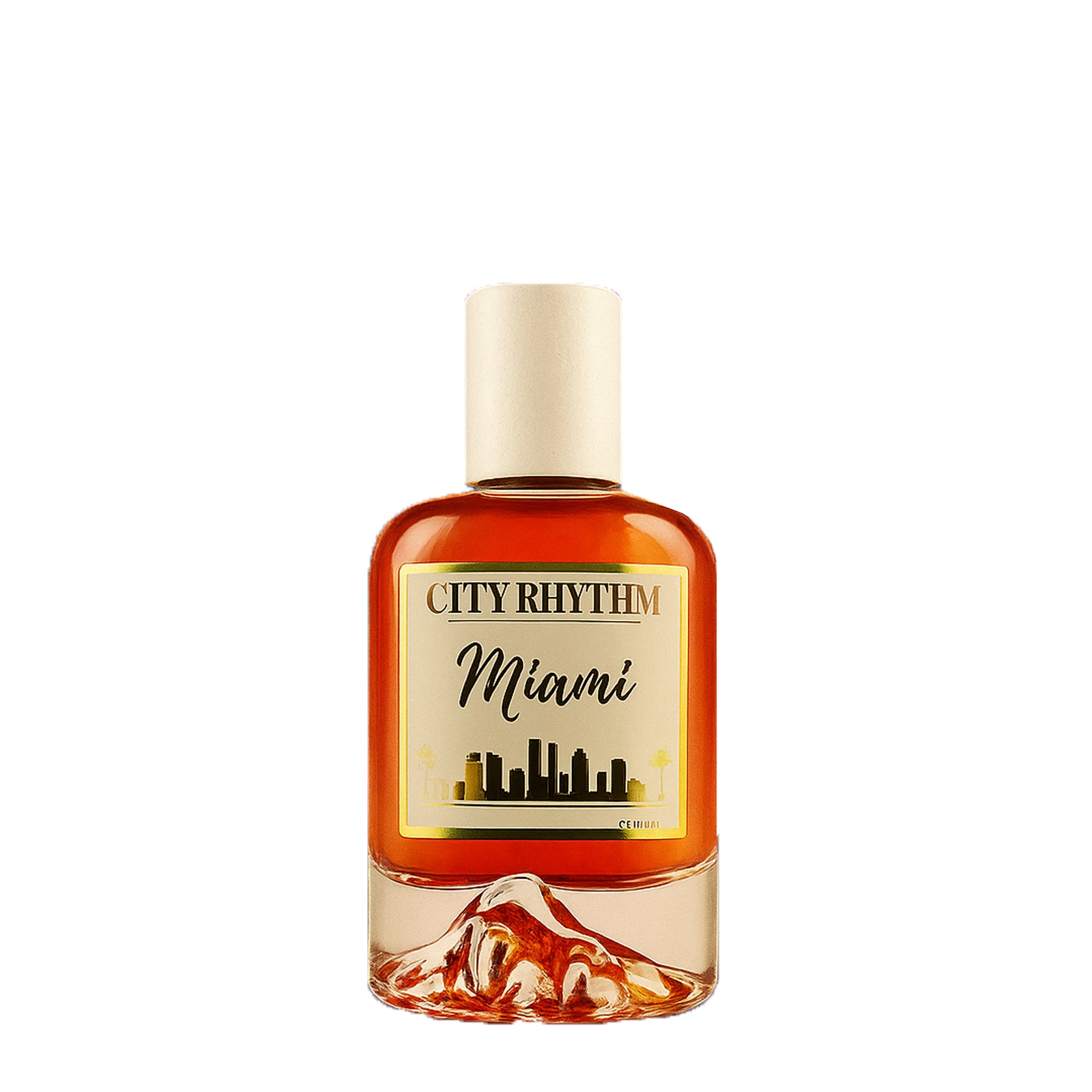 City Rhythm Miami Eau de Parfum – spritziger Nischenduft mit frischen, tropischen und zitrischen Noten, eleganter Flakon auf weißem Hintergrund, exklusives Unisex-Parfüm.