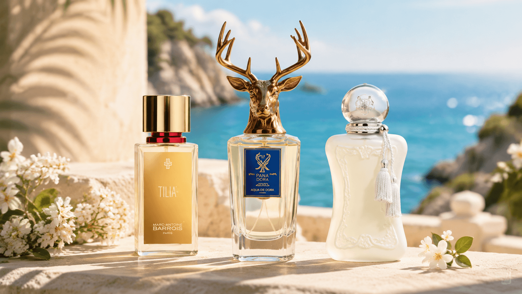 Drei Sommerdüfte vor dem Mittelmeer: Marc-Antoine Barrois Tilia, Pana Dora Aqua de Dora und ein Parfums-de-Marly-Flakon, daneben weiße Blüten