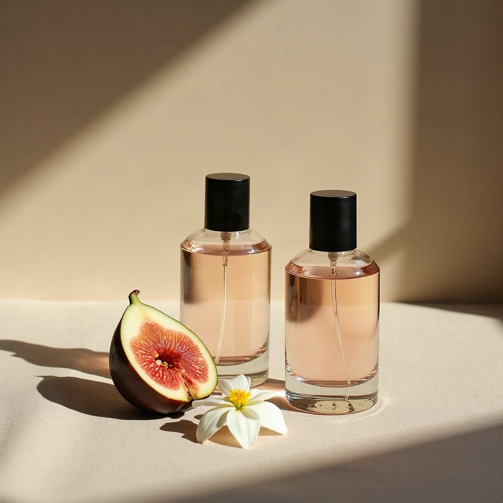 Beste Nischendüfte Damen – zwei Parfumflakons mit Irisblüte und Feige auf Leinen