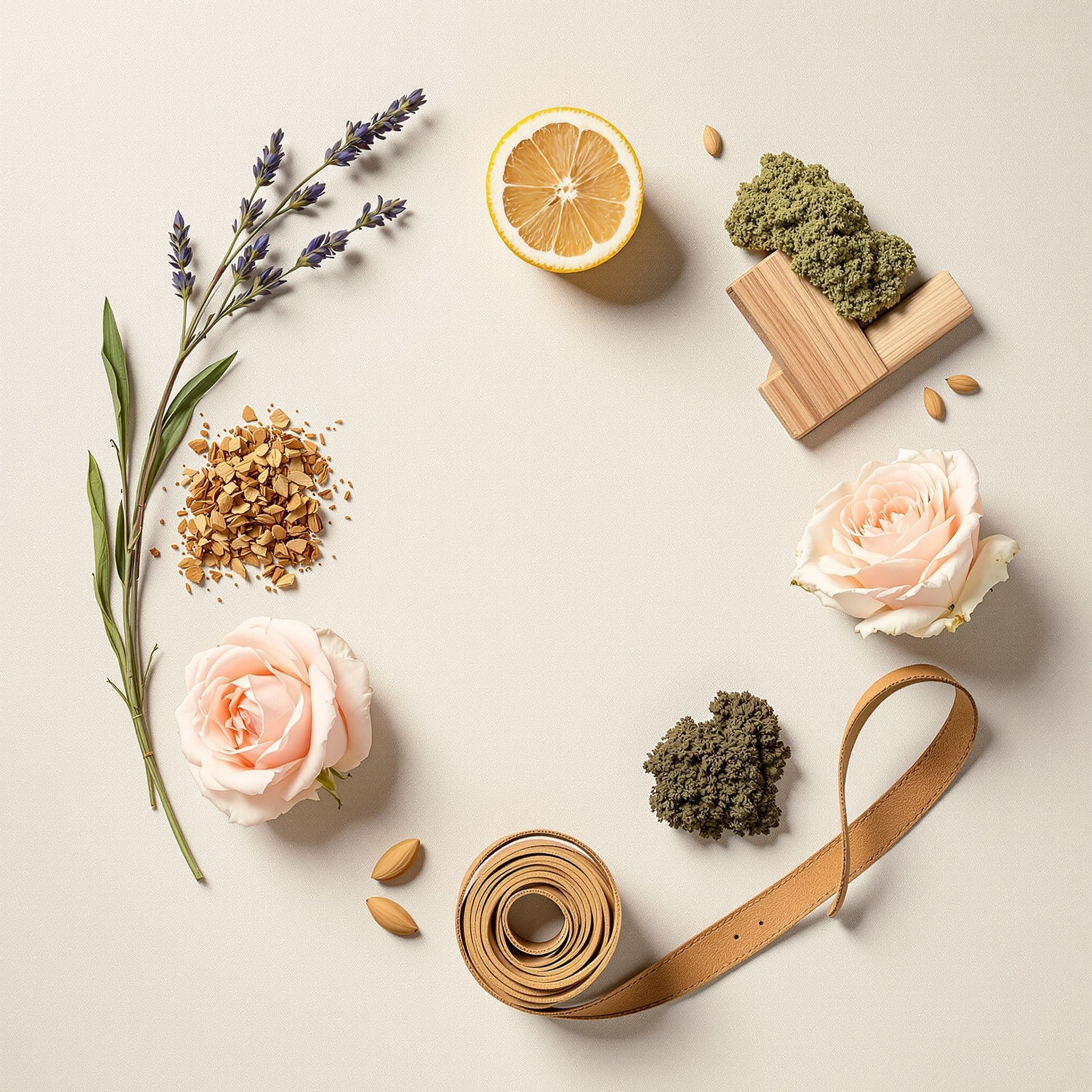 Duftrad aus echten Rohstoffen: Lavendel, Zitrone, Eichenmoos, Zedernholz, Rosen und Leder im Kreis