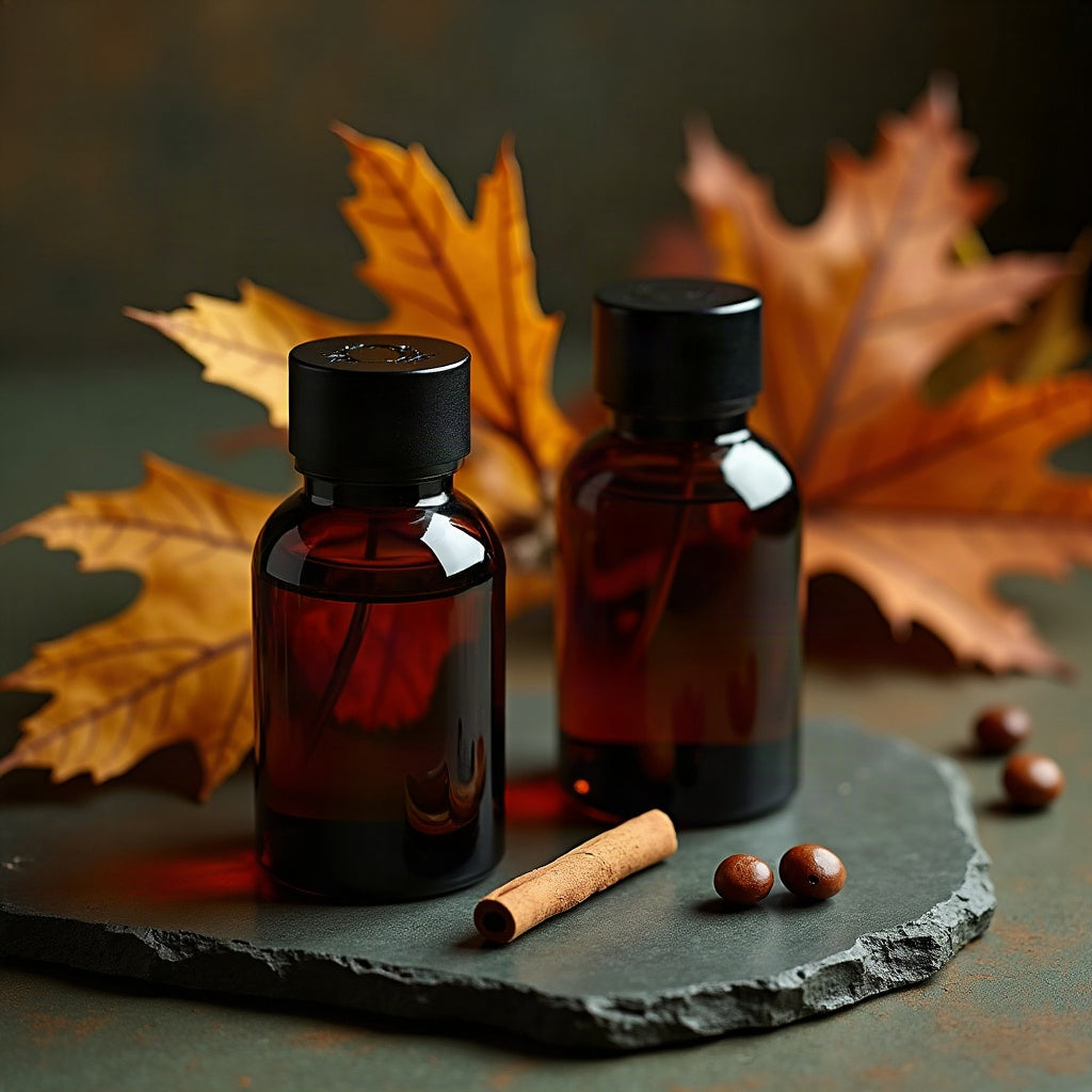 Herbstdüfte für Männer – zwei Flakons mit Herbstlaub und Zimt auf Schiefer