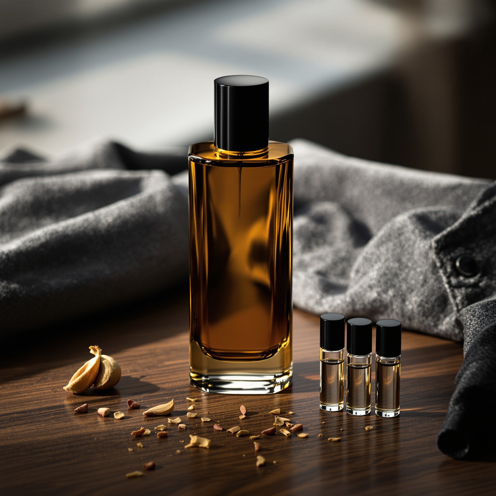 Nischenparfum-Flakon für Herren neben drei Duftproben-Fläschchen auf dunklem Holz
