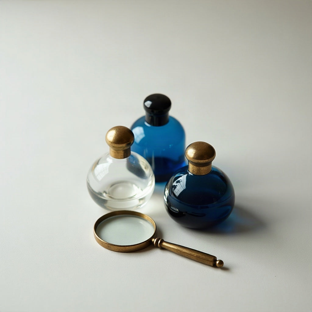 Nischenparfums erkennen – drei unbeschriftete Flakons unter einer Lupe