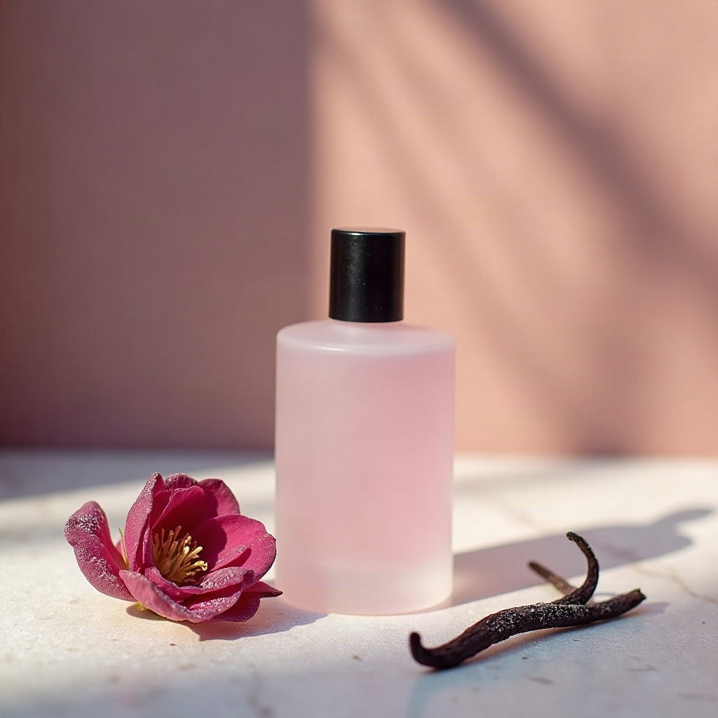Winterduft für Frauen – mattierter Flakon in Pflaumenton auf Marmor mit Rosenblättern und Vanilleschote