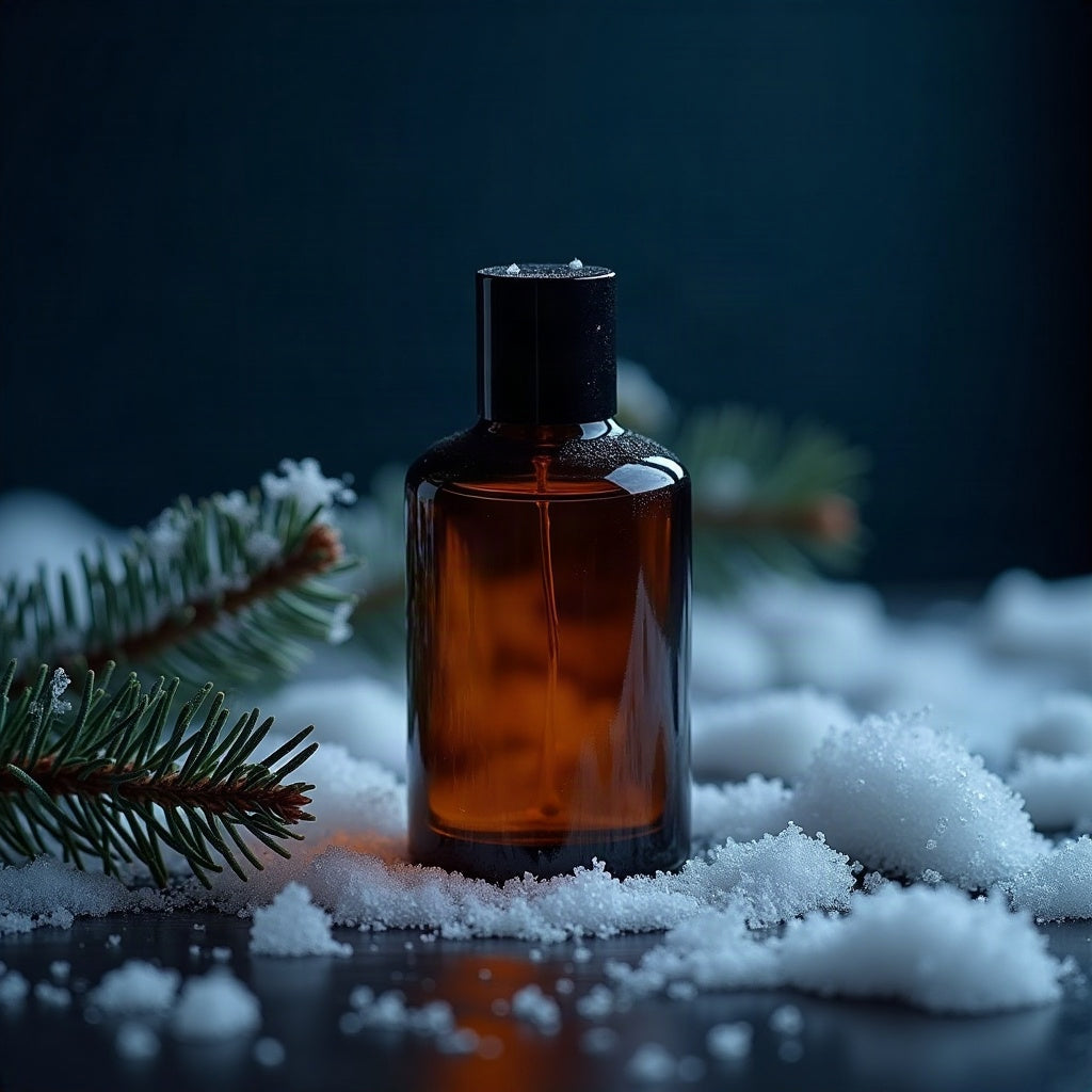 Winterduft für Männer – Flakon aus dunklem Bernsteinglas im Schnee mit Frostkristallen und Tannenzweig