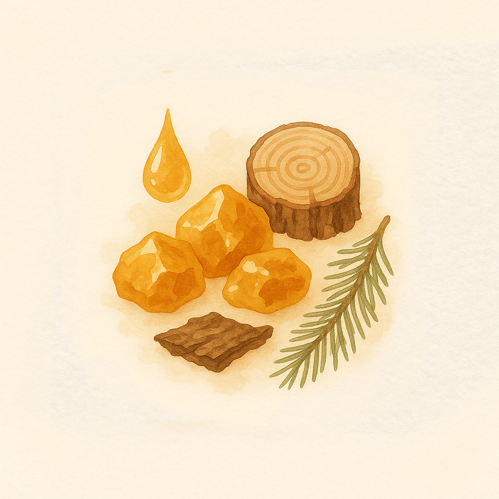 Harzige Duftproben – Benzoe, Labdanum und Ambra auf warmem, goldbraunem Hintergrund