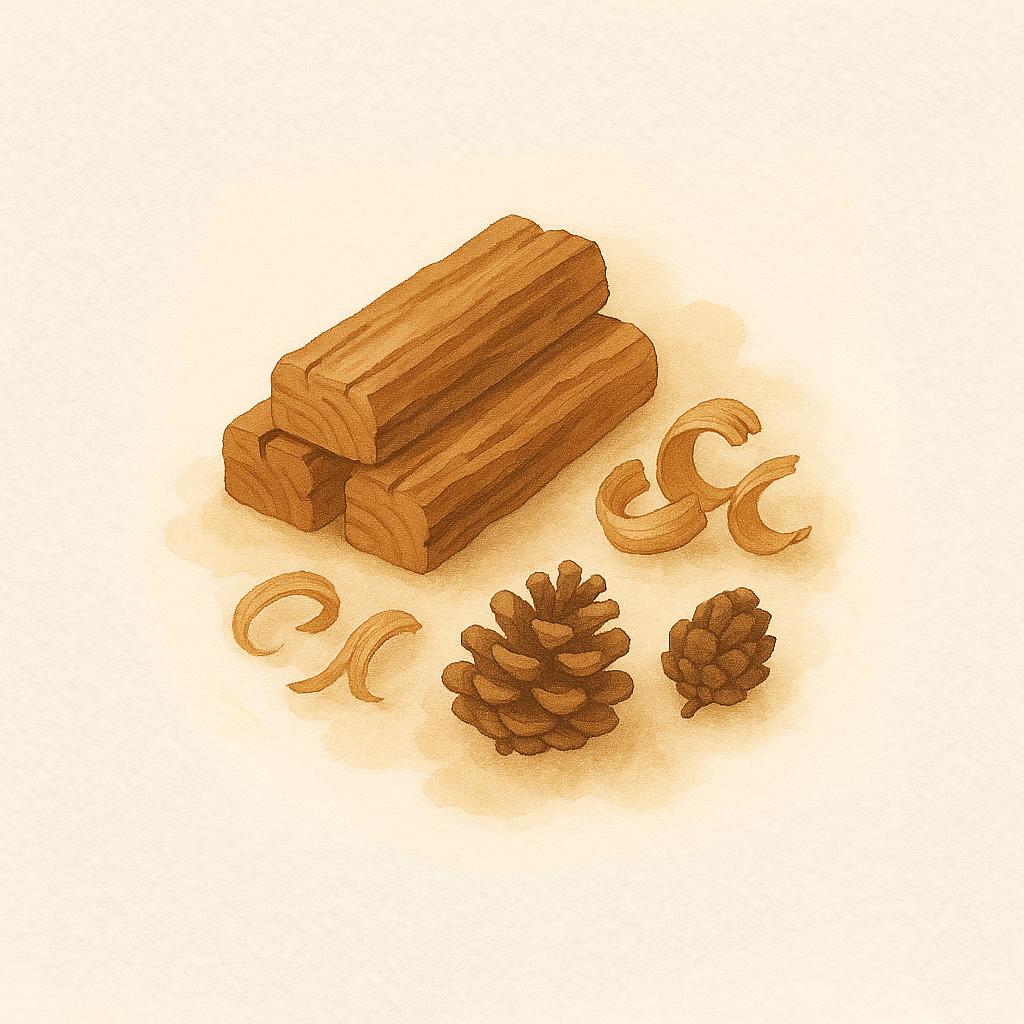 Holzige Duftproben – Zedernholz, Sandelholz  auf warmem, naturbelassenem Hintergrund