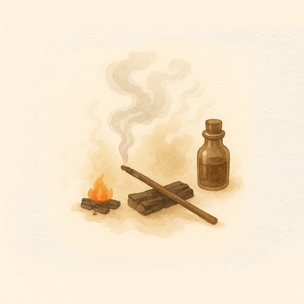 Rauchige Duftproben – Weihrauch, Hölzer und Rauch vor hellem, warmem Hintergrund