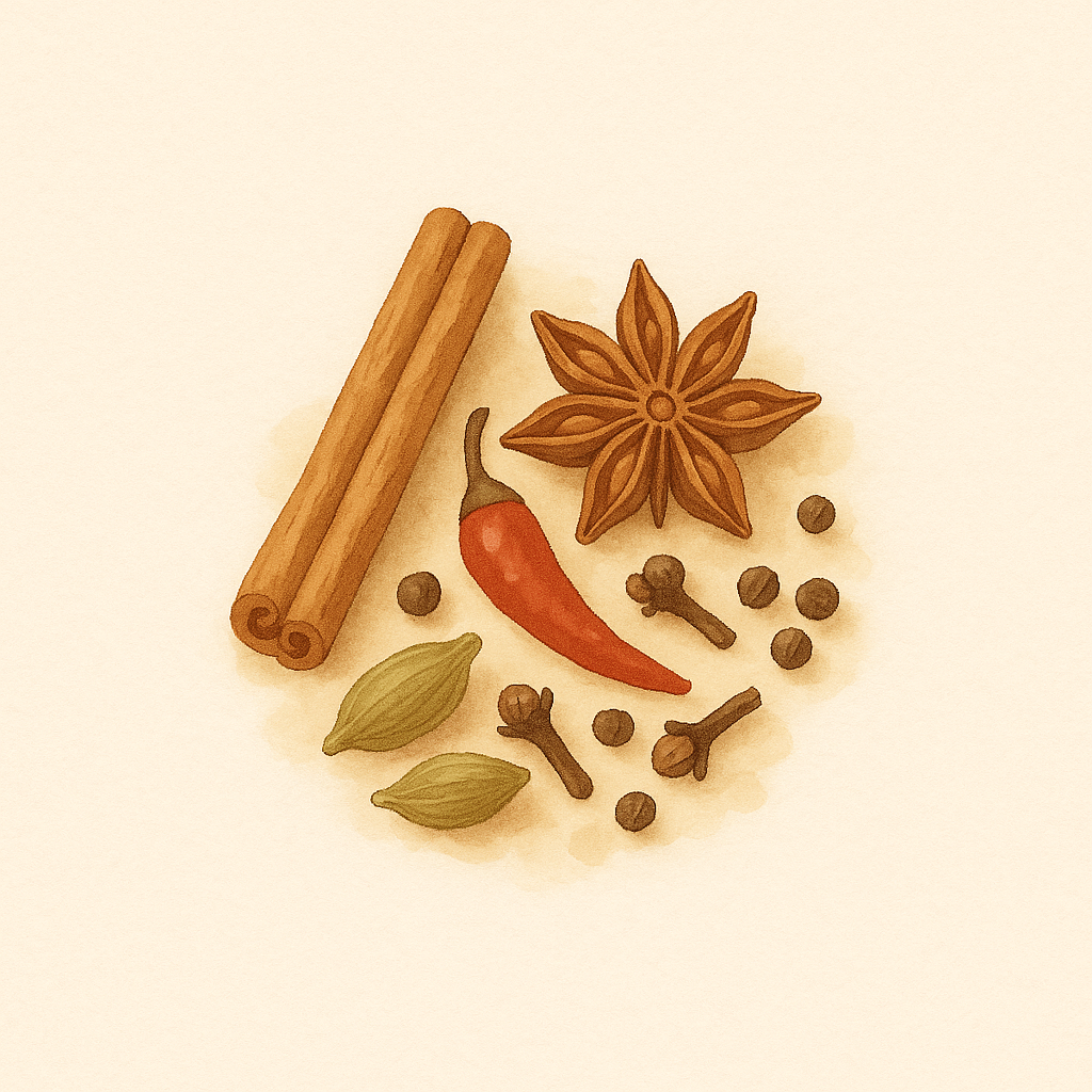 Würzige Duftproben – Pfeffer, Kardamom und Zimt auf warmem, tiefem Hintergrund