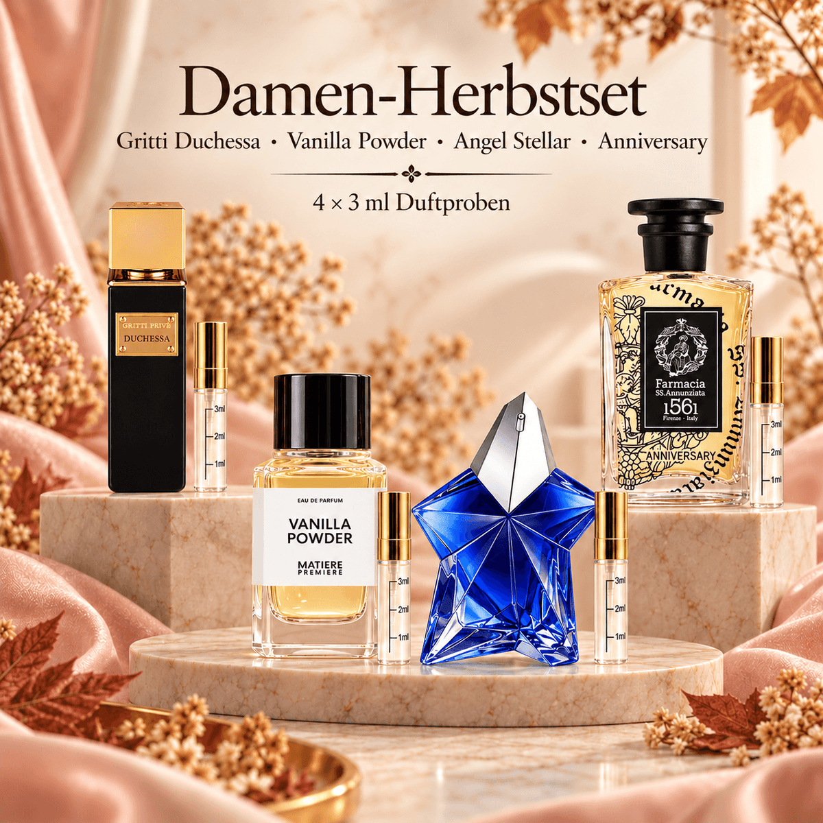Herbst Set Damen Duftproben mit Vanille-, Gourmand- und Amber-Parfums als 3-ml-Nischenproben