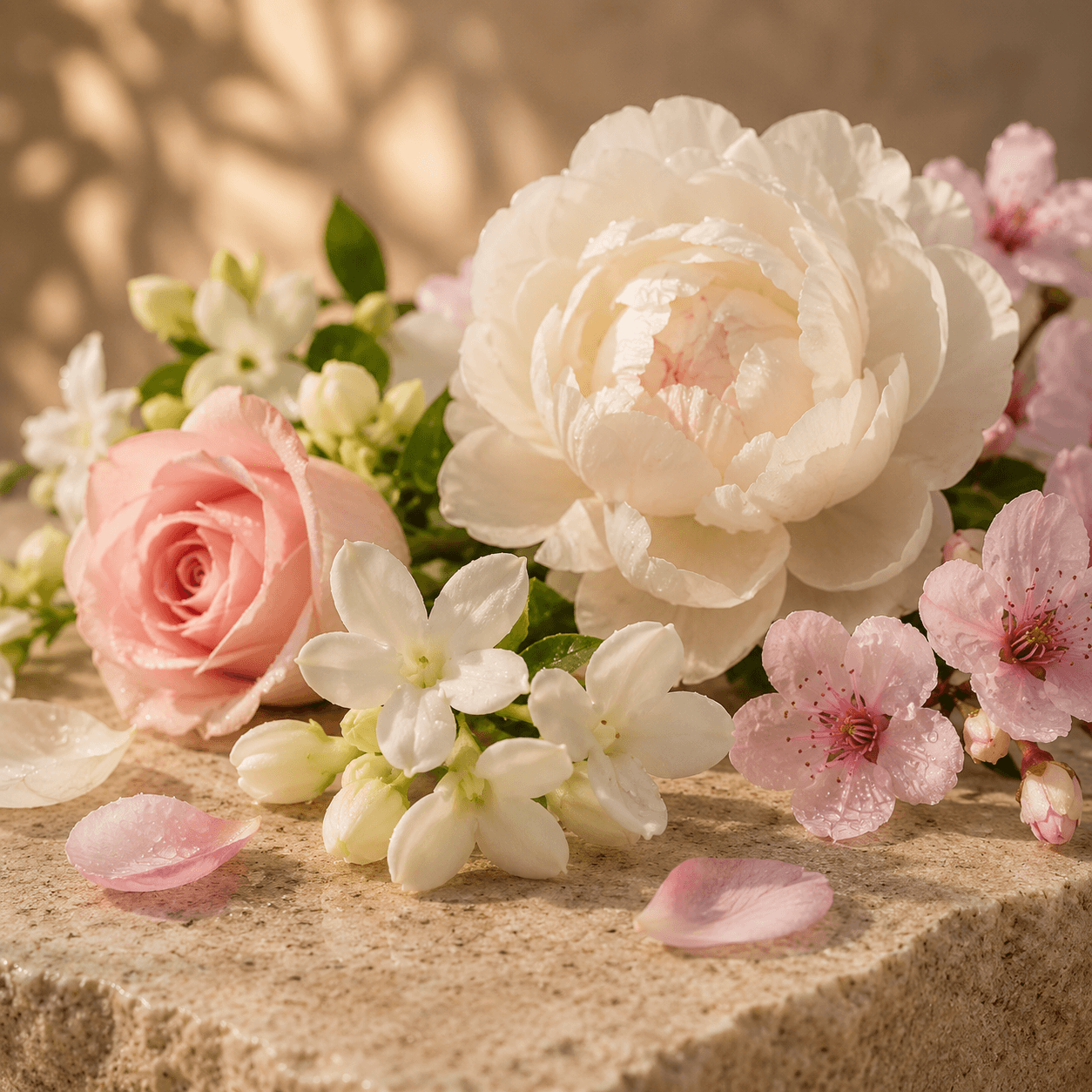 Blumige Duftproben – Pfingstrose vor hellem, eleganten Hintergrund