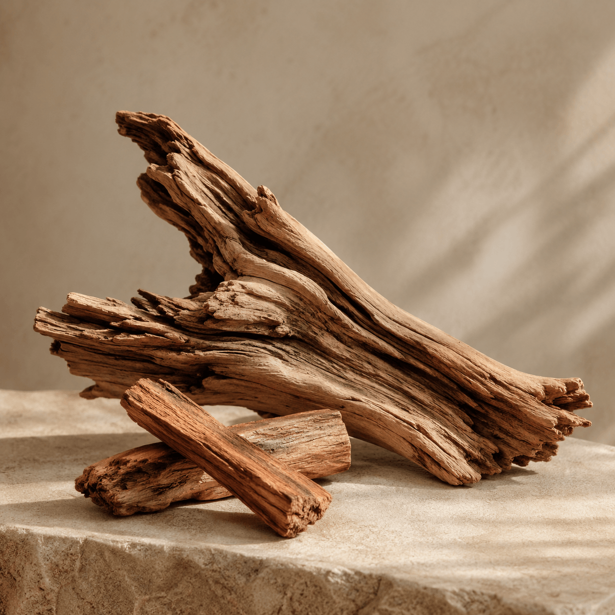 Holzige Duftproben – Zedernholz, Sandelholz  auf warmem, naturbelassenem Hintergrund