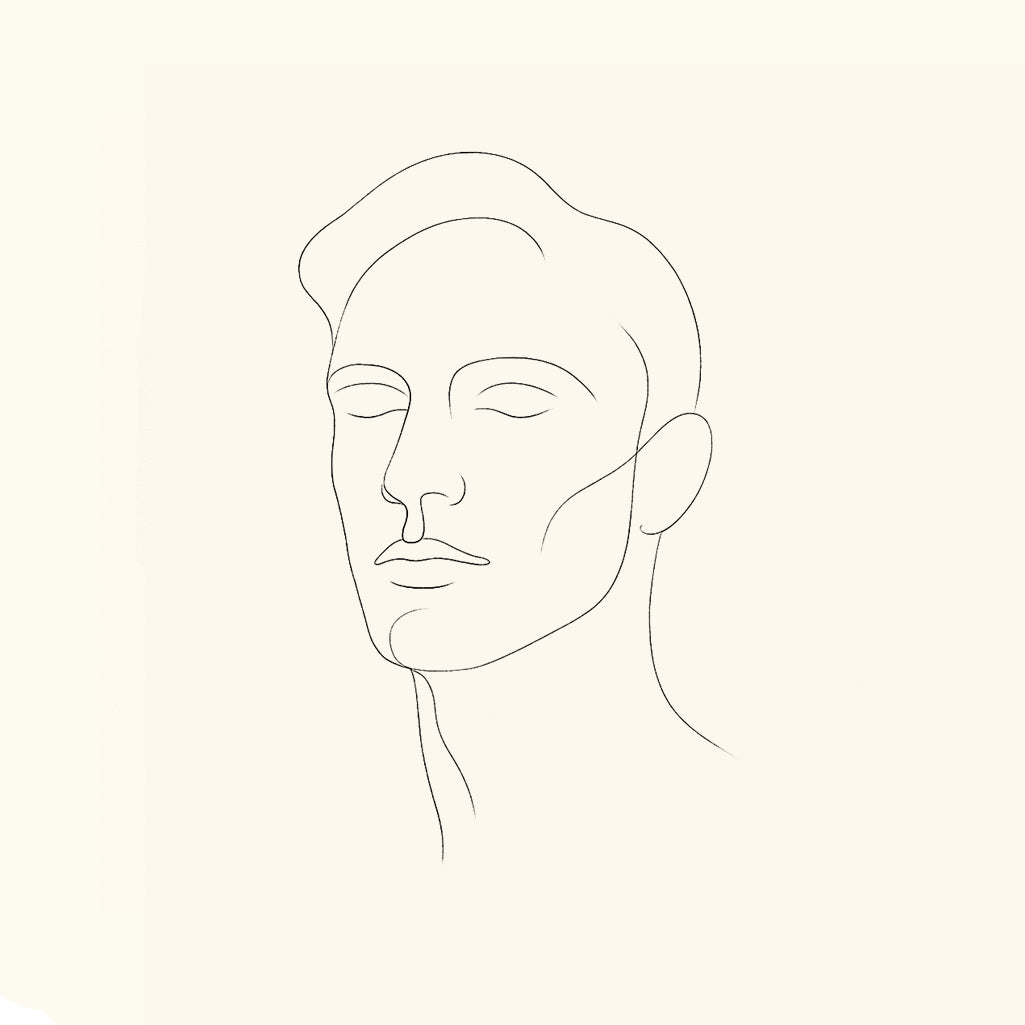 Männerdüfte – zitrisch-frische, holzig-aromatische Duftproben markantes Männliches Gesicht vor edlem Hintergrund“