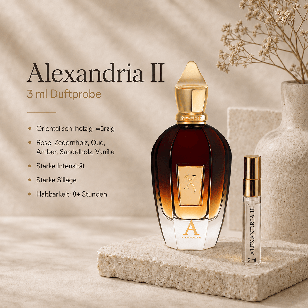 Xerjoff Alexandria II 3 ml Duftprobe neben dem Originalflakon