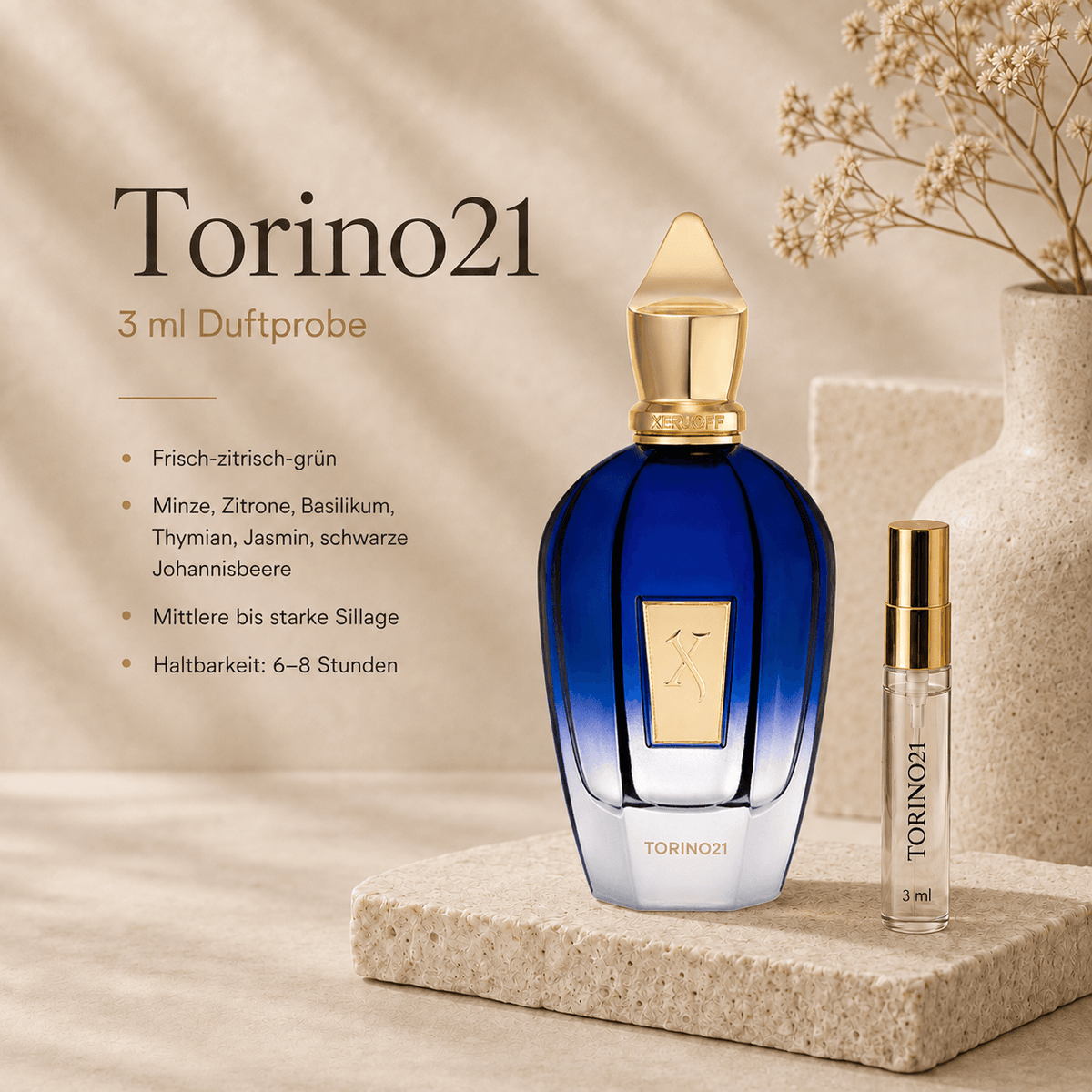 Xerjoff Torino 21 3 ml Duftprobe neben dem Originalflakon